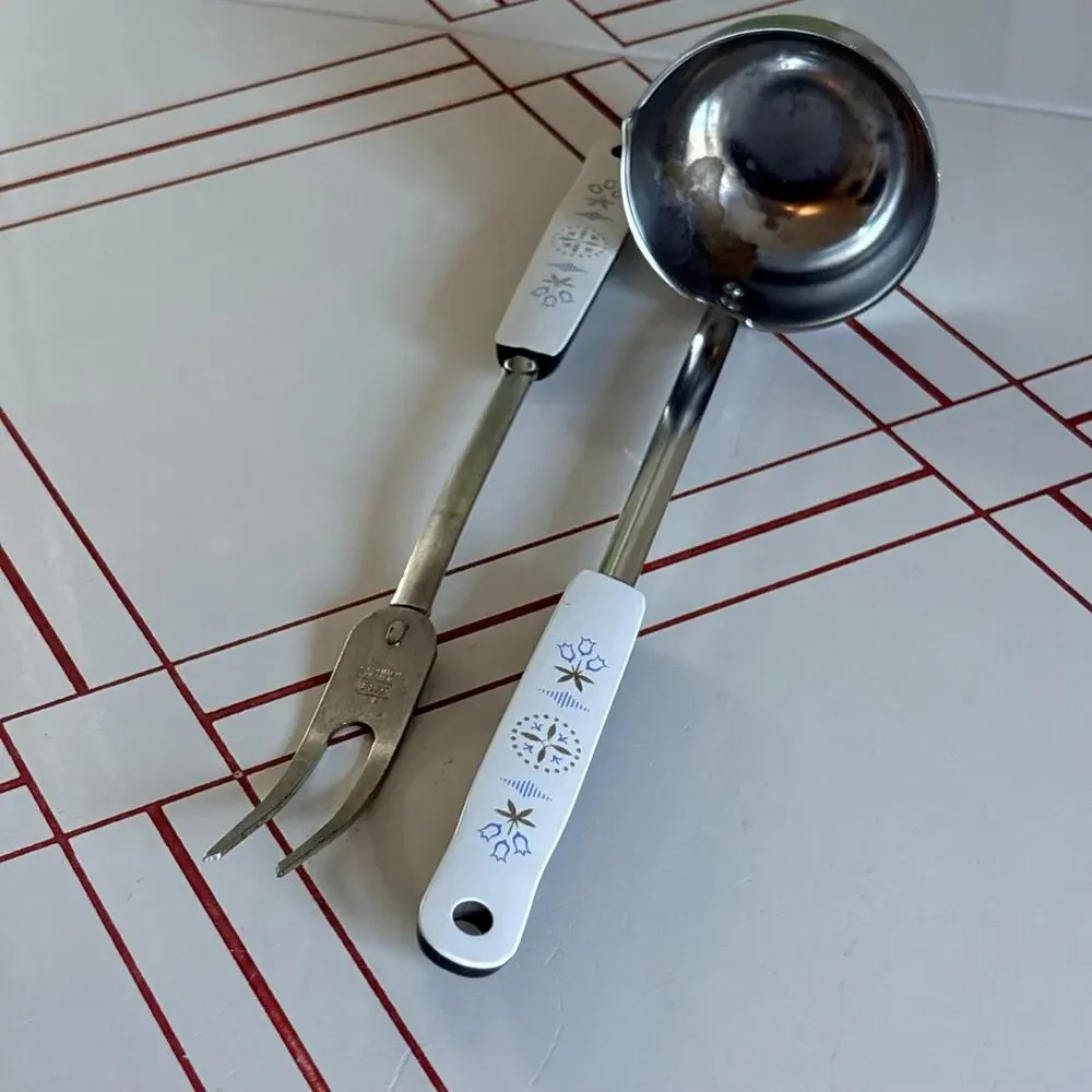 Vintage EKCO USA Ladle & Meat Fork Set Floral Handles
